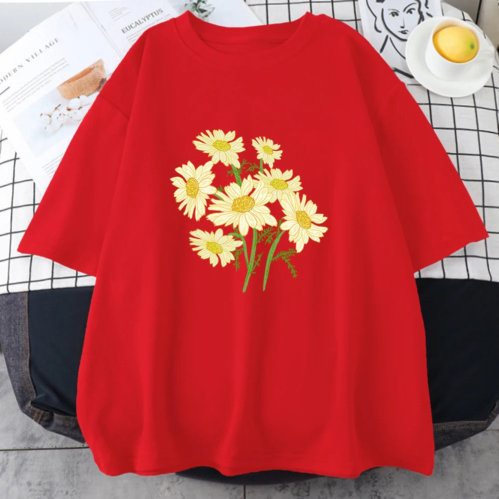 Red short-sleeve cotton t-shirt printed with a bouquet of yellow and cream daisy-like chrysanthemums