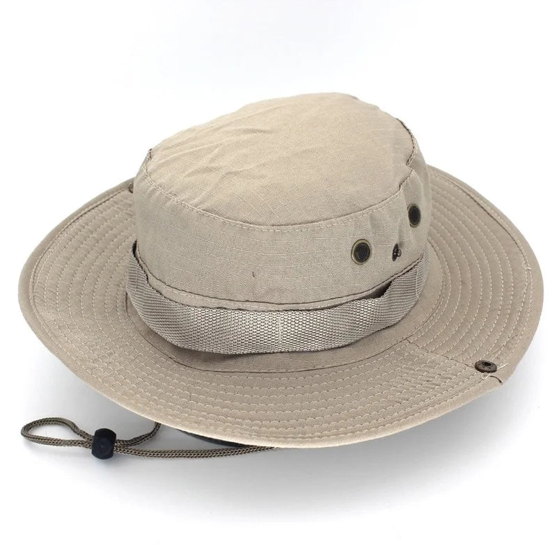 Khaki boonie hat showing the metal vent eyelets on the crown