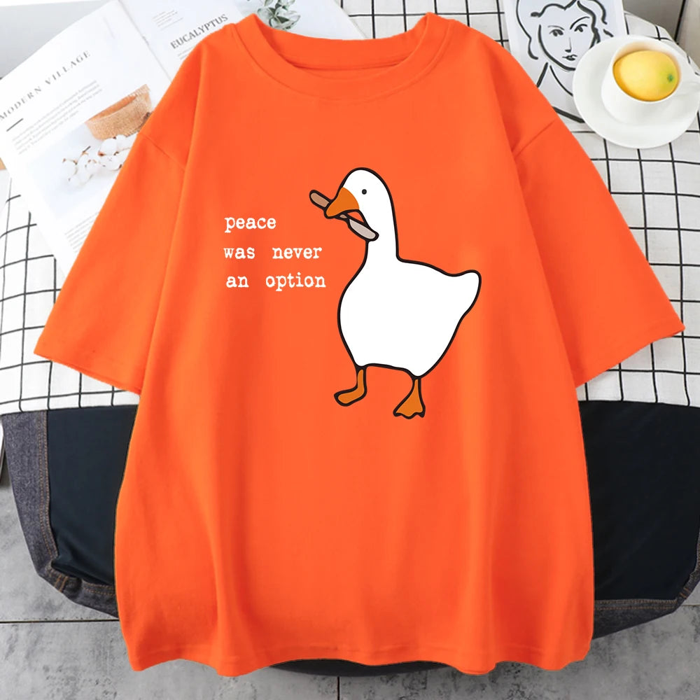 Orange cotton tee with the white goose and slogan print