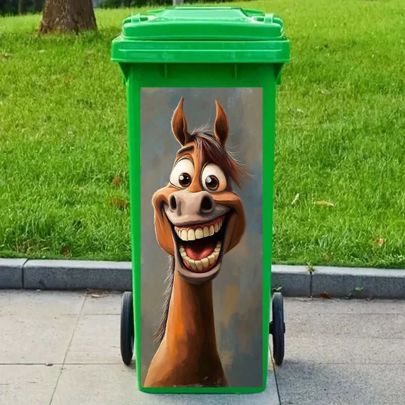 The horse decal on a bright green wheelie bin standing on grass