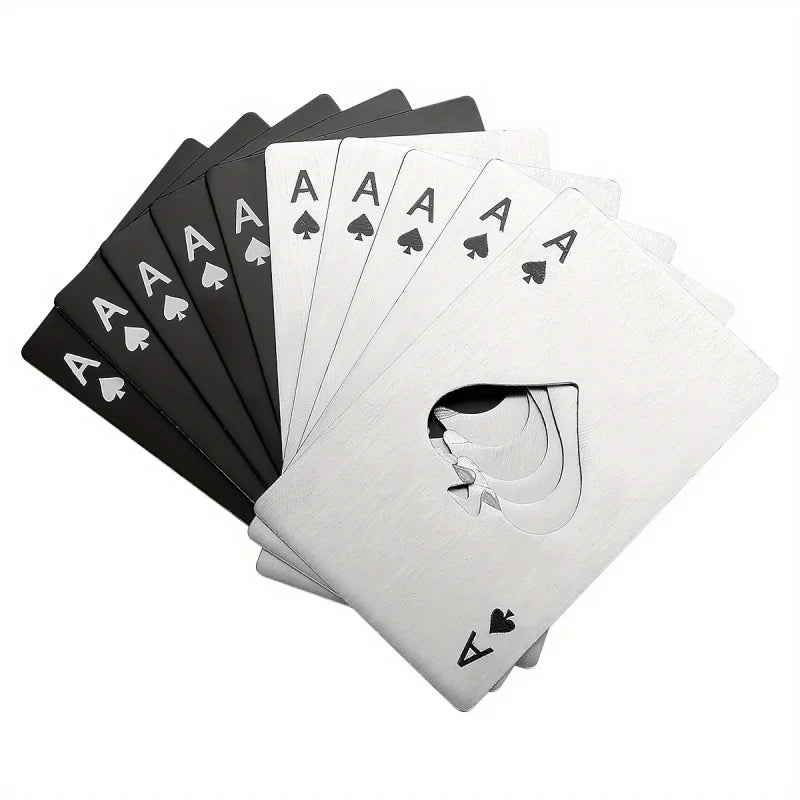 Ace of spades bottle opener cards fanned out, black cards and bare metal cards together