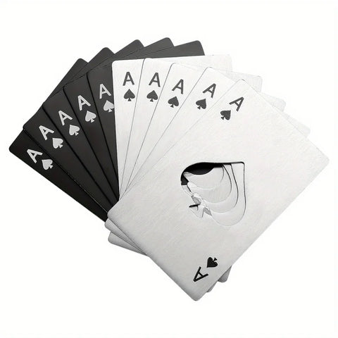 Ace of spades bottle opener cards fanned out, black cards and bare metal cards together