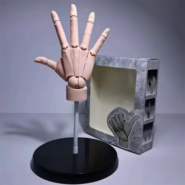 Skin-tone right hand model with the fingers spread, on its stand beside the window box