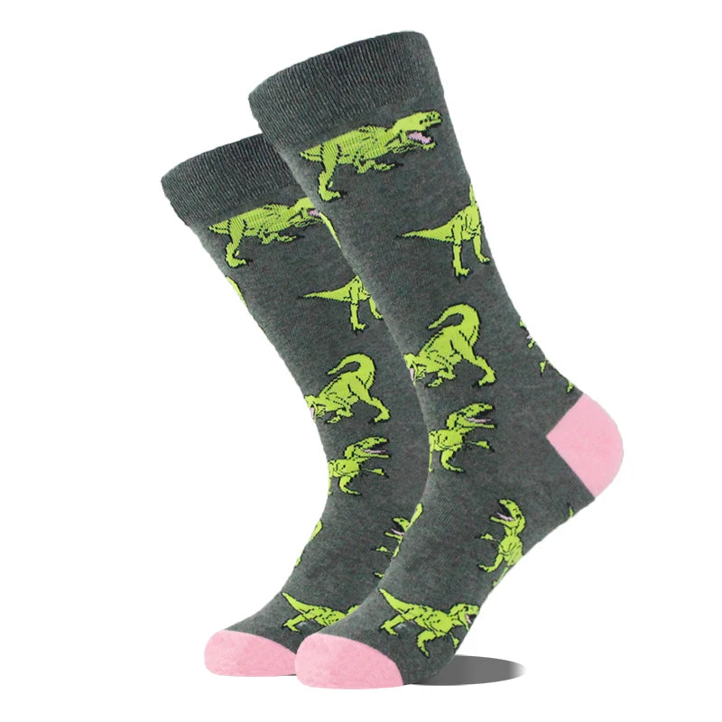 Funny novelty crew socks, green dinosaurs grey design