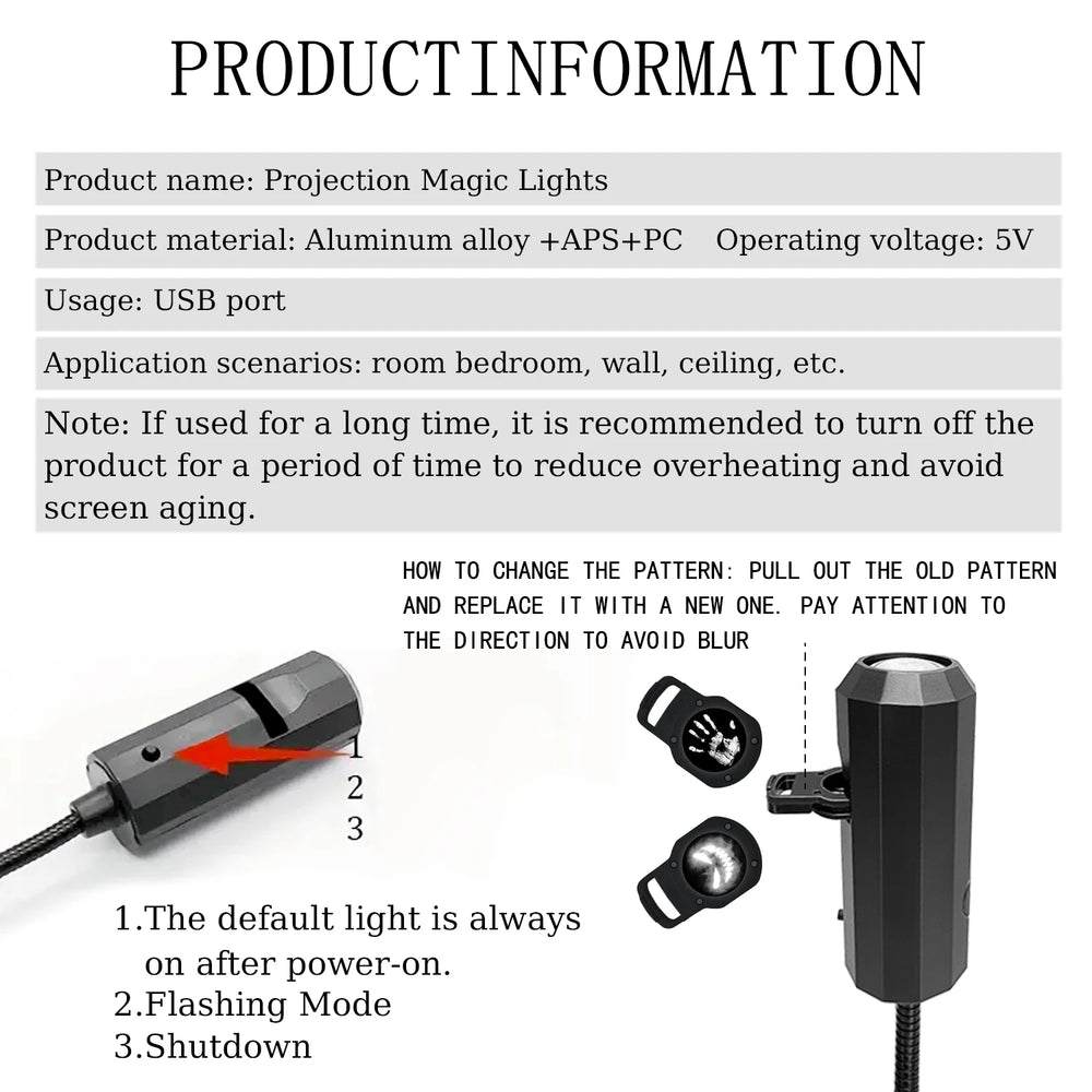 Information card showing the 5 V USB rating and how to swap a pattern head