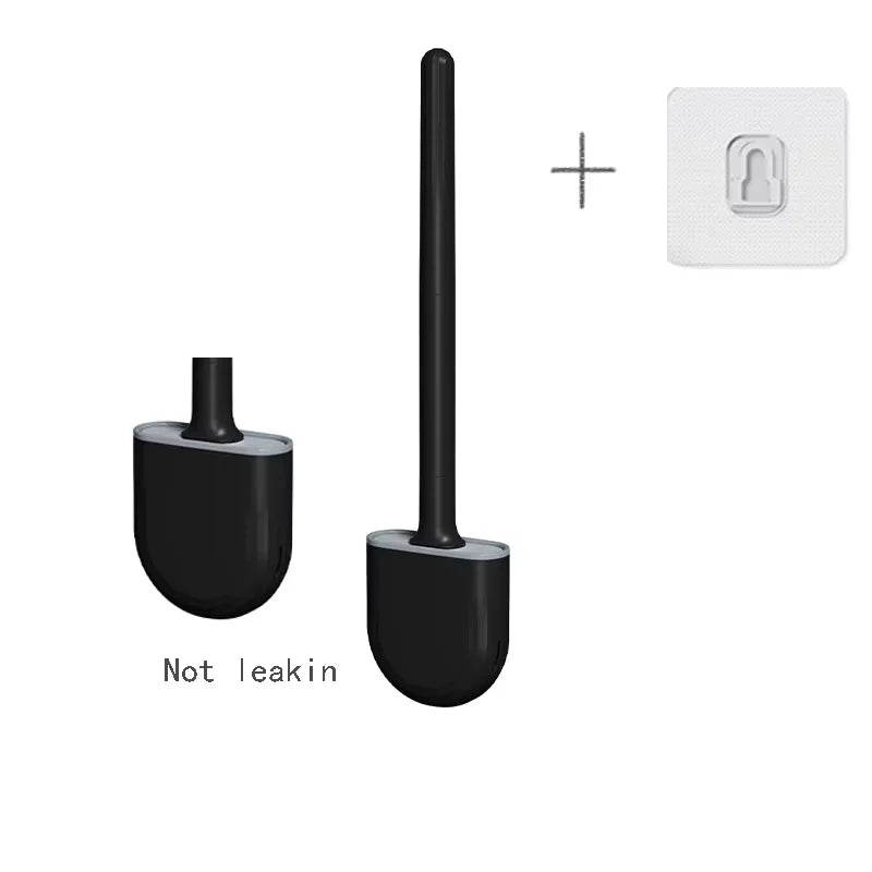 Black flat silicone toilet brush with its wall holder and adhesive hook