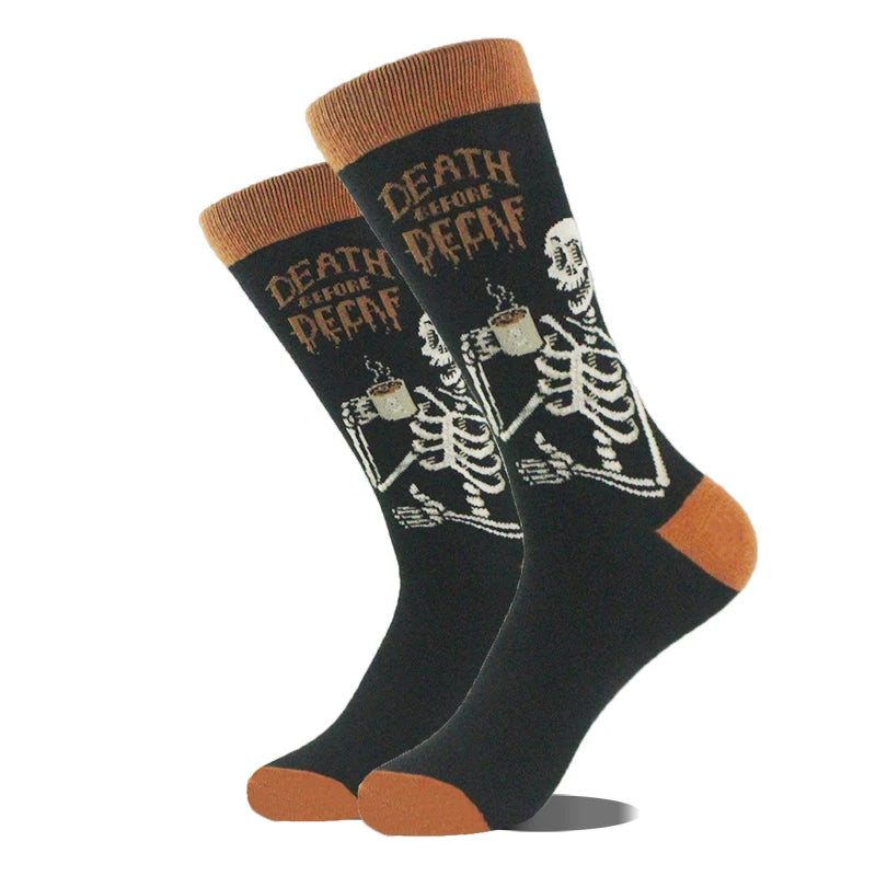 Funny novelty crew socks, coffee skeletons design