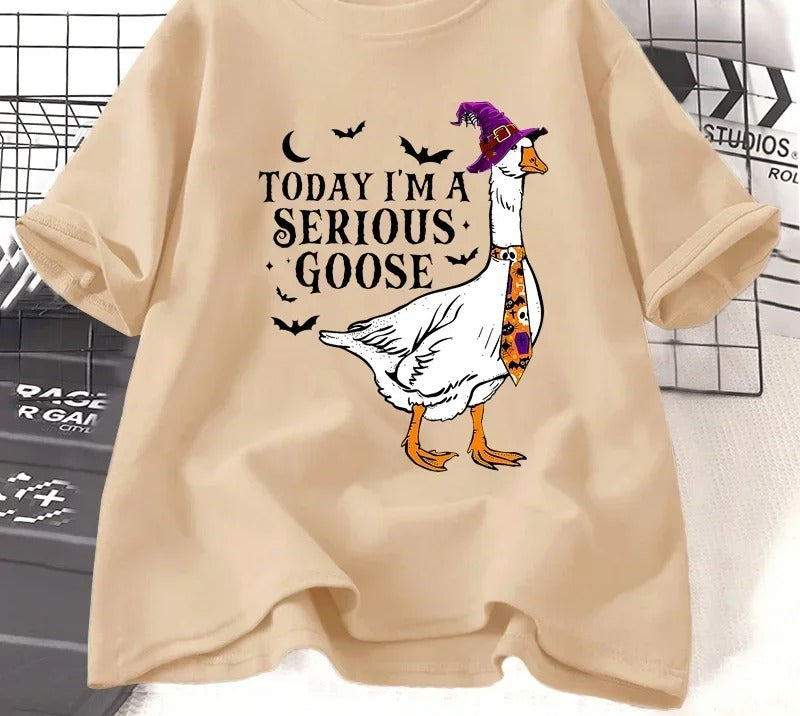 Witch-hat goose slogan t-shirt in khaki