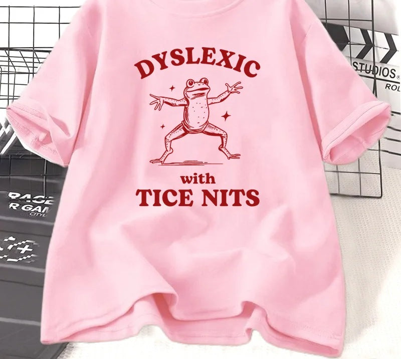 Dyslexic frog slogan t-shirt in pink