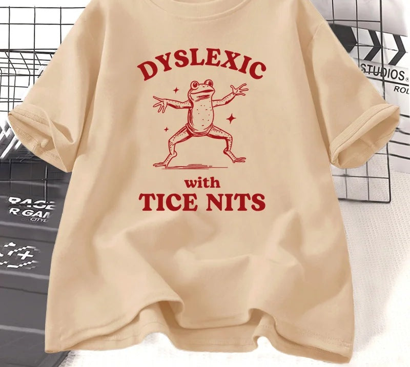 Dyslexic frog slogan t-shirt in khaki