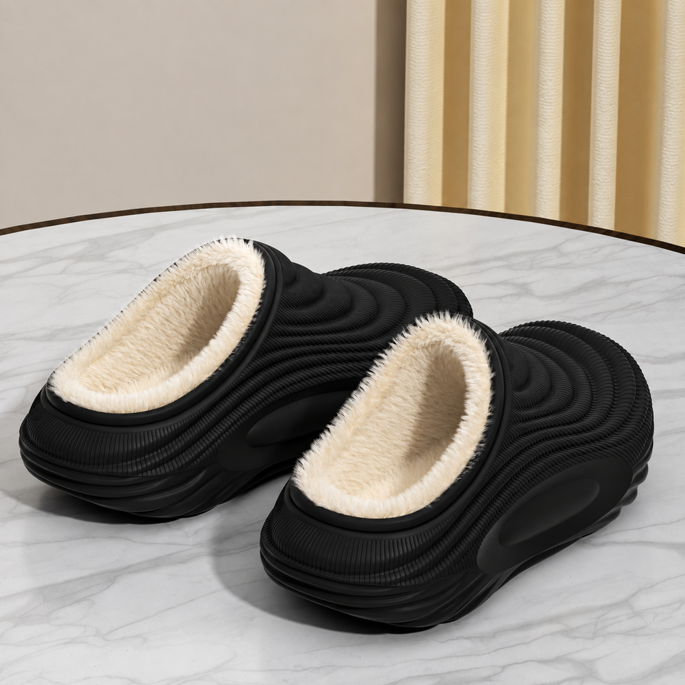 Closed-Toe Waterproof Plush Slippers — Black