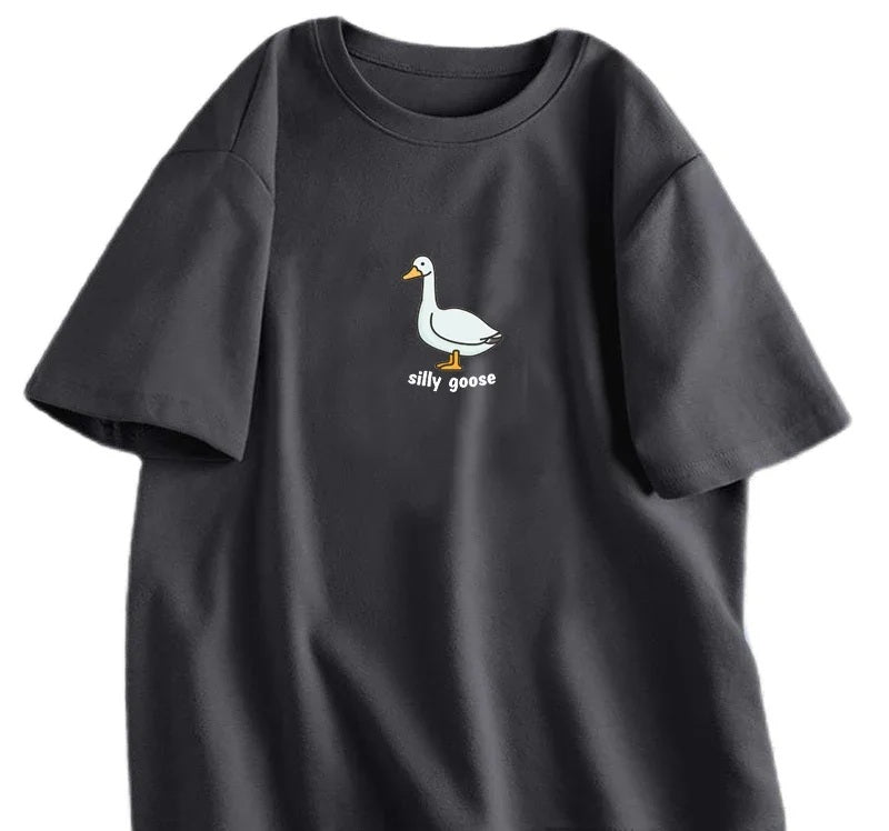 Silly goose slogan tee in black, chest print of a line-drawn goose