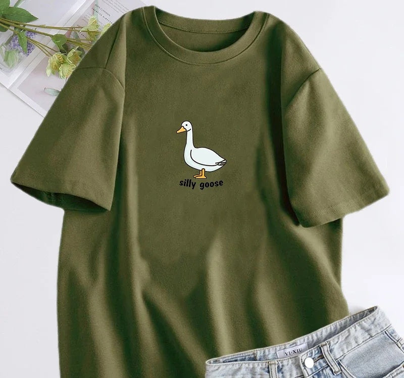 Silly goose slogan tee in army green, chest print of a line-drawn goose