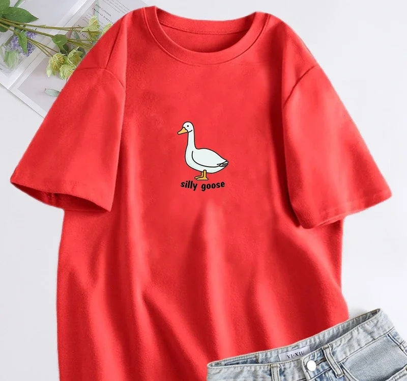 Silly goose slogan tee in red, chest print of a line-drawn goose