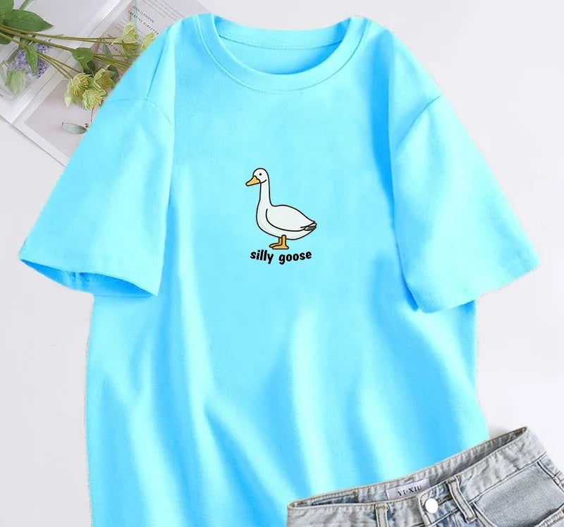 Silly goose slogan tee in sky blue, chest print of a line-drawn goose
