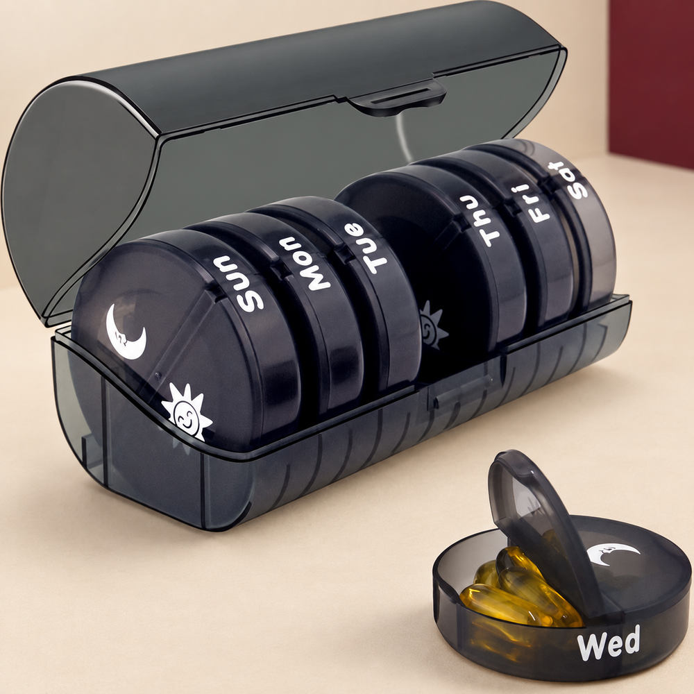 7-Day Round Travel Pill Organizer on The Weird Store studio background