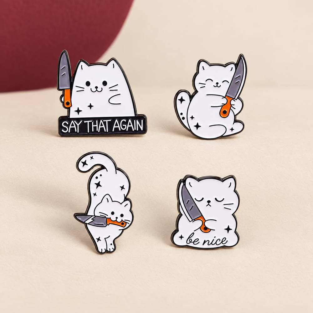 Cat With A Knife Enamel Pin on The Weird Store studio background